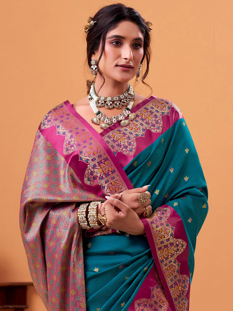 Classic Teal Blue Zari Weaving Silk Festival Wear Saree With Blouse