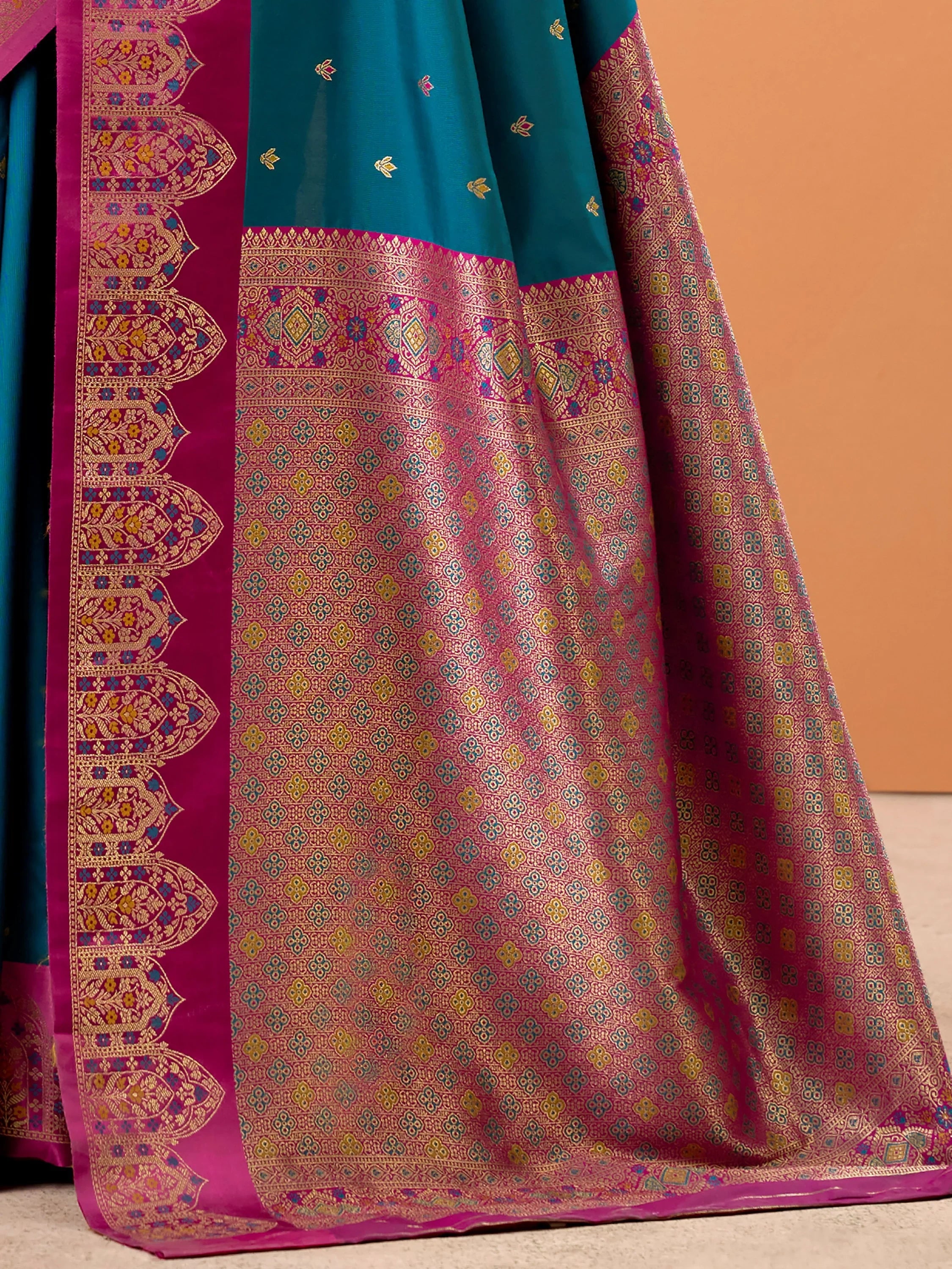 Classic Teal Blue Zari Weaving Silk Festival Wear Saree With Blouse