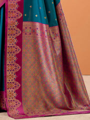Classic Teal Blue Zari Weaving Silk Festival Wear Saree With Blouse
