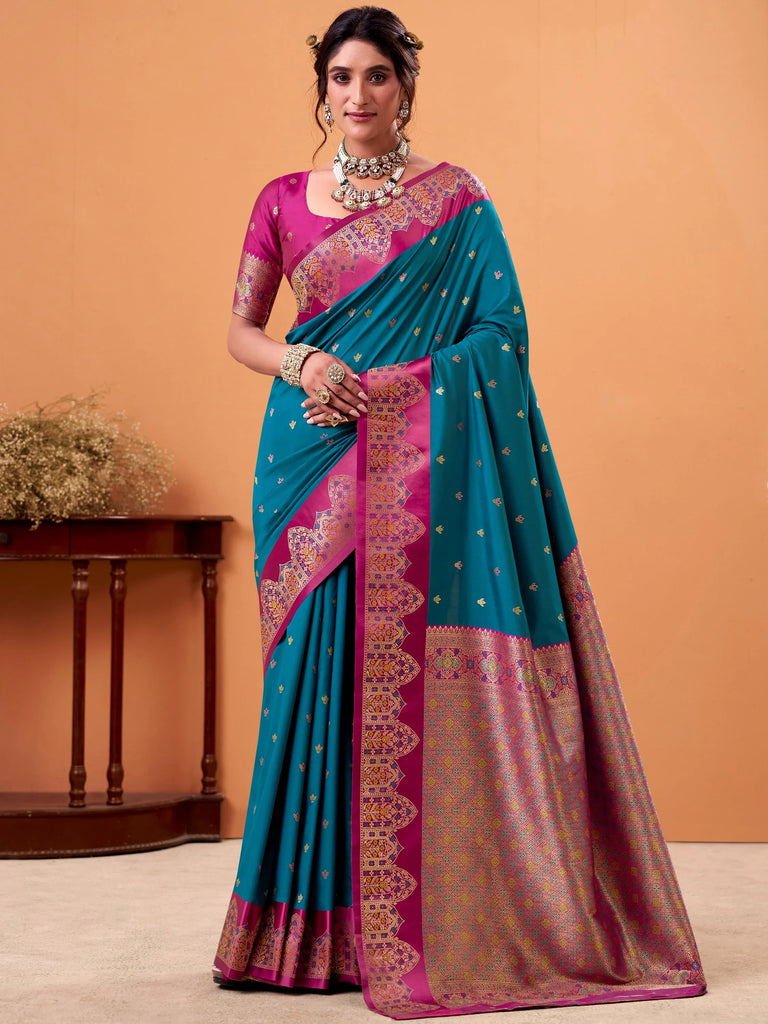 Classic Teal Blue Zari Weaving Silk Festival Wear Saree With Blouse