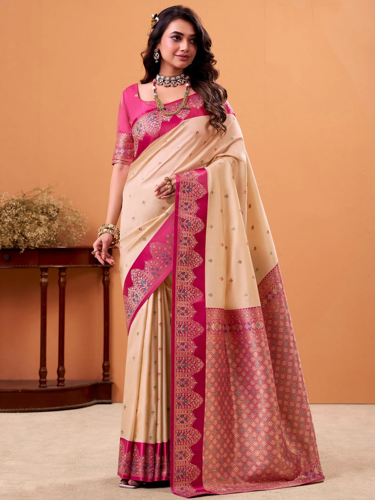 Stylish Cream Zari Weaving Silk Function Wear Saree With Blouse