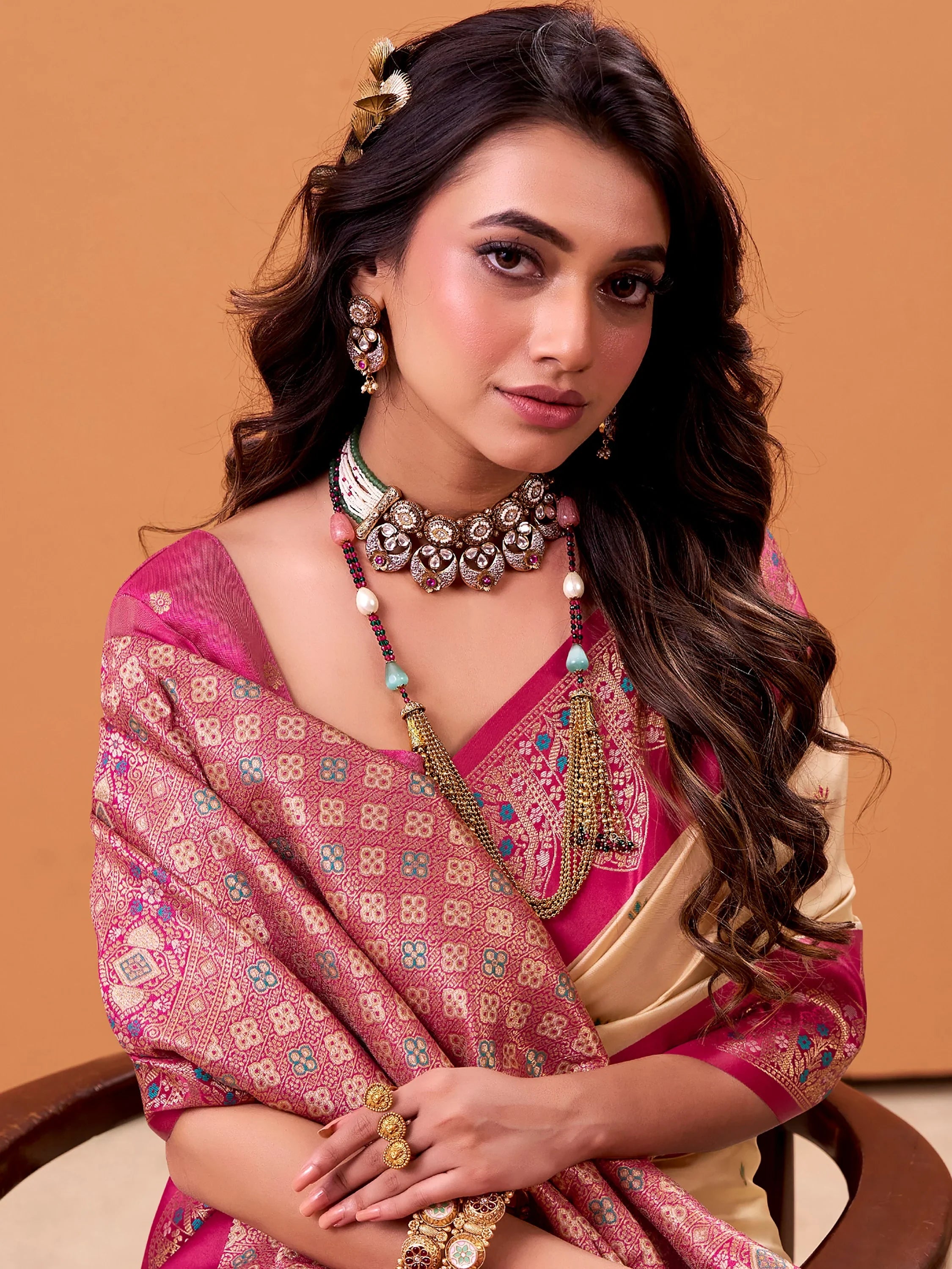 Stylish Cream Zari Weaving Silk Function Wear Saree With Blouse