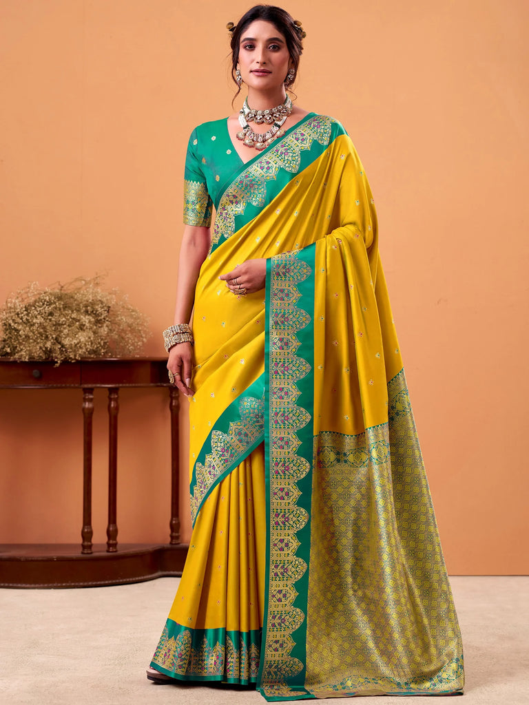 Dazzling Yellow Zari Weaving Silk Haldi Wear Saree With Blouse