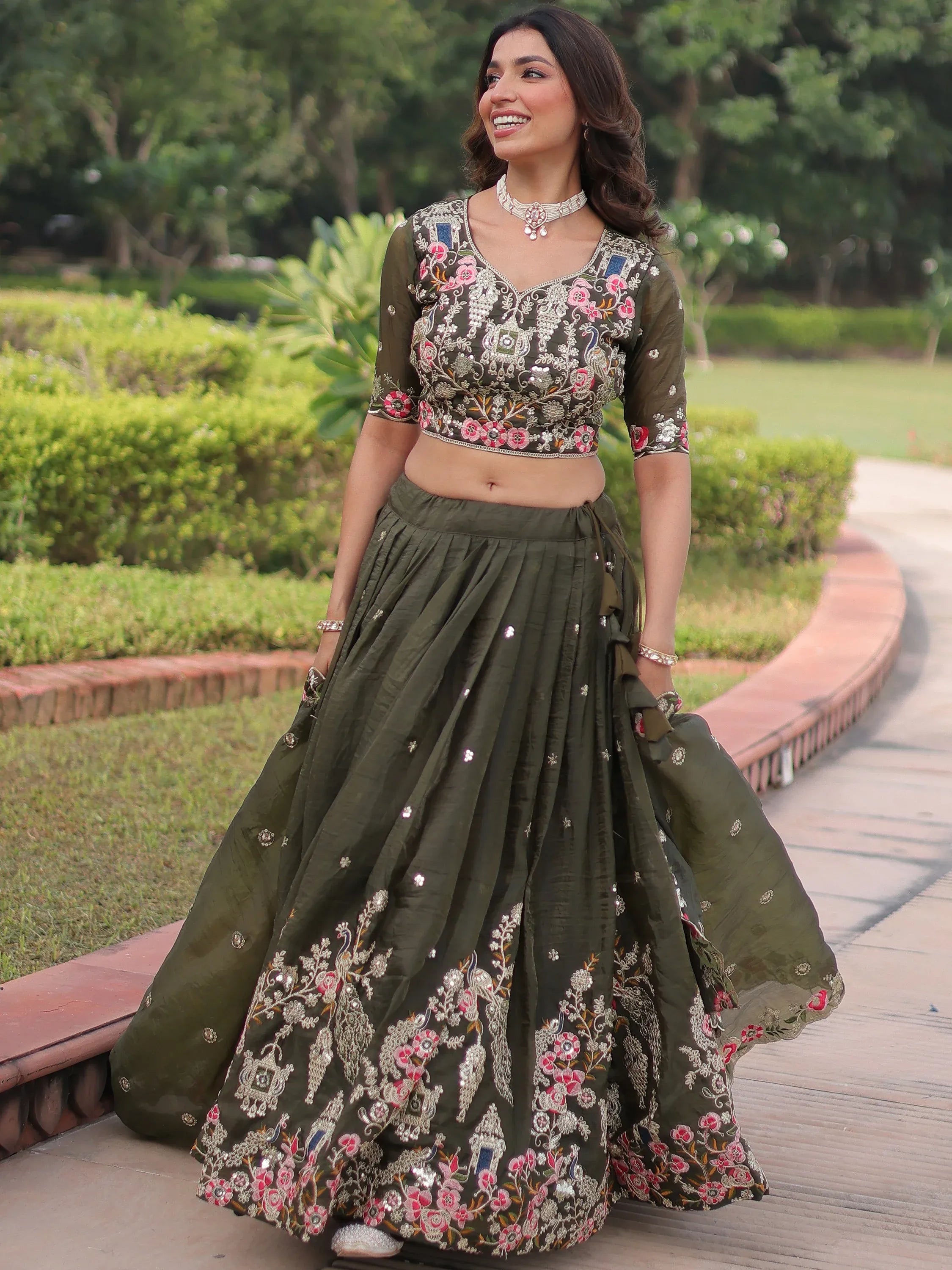 Alluring Olive Green Codding Work Crushed Evening Wear Lehenga Choli