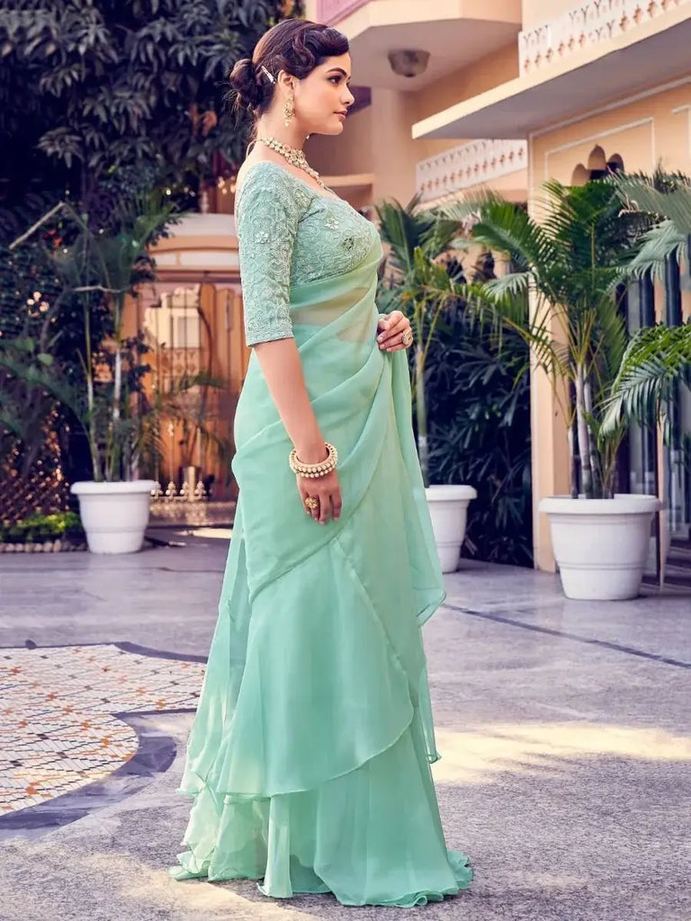Classy Sea-green Sequins Organza Party Wear Ruffle Saree With Blouse