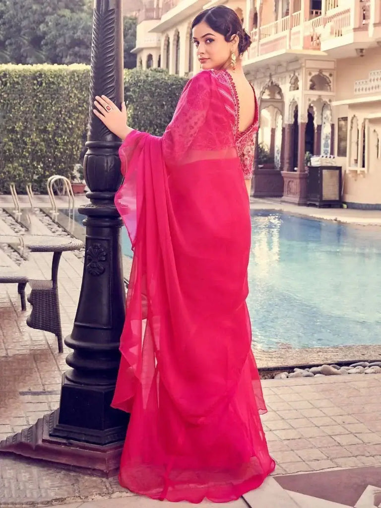 Ravishing Pink Sequins Orangza Party Wear Ruffle Saree With Blouse