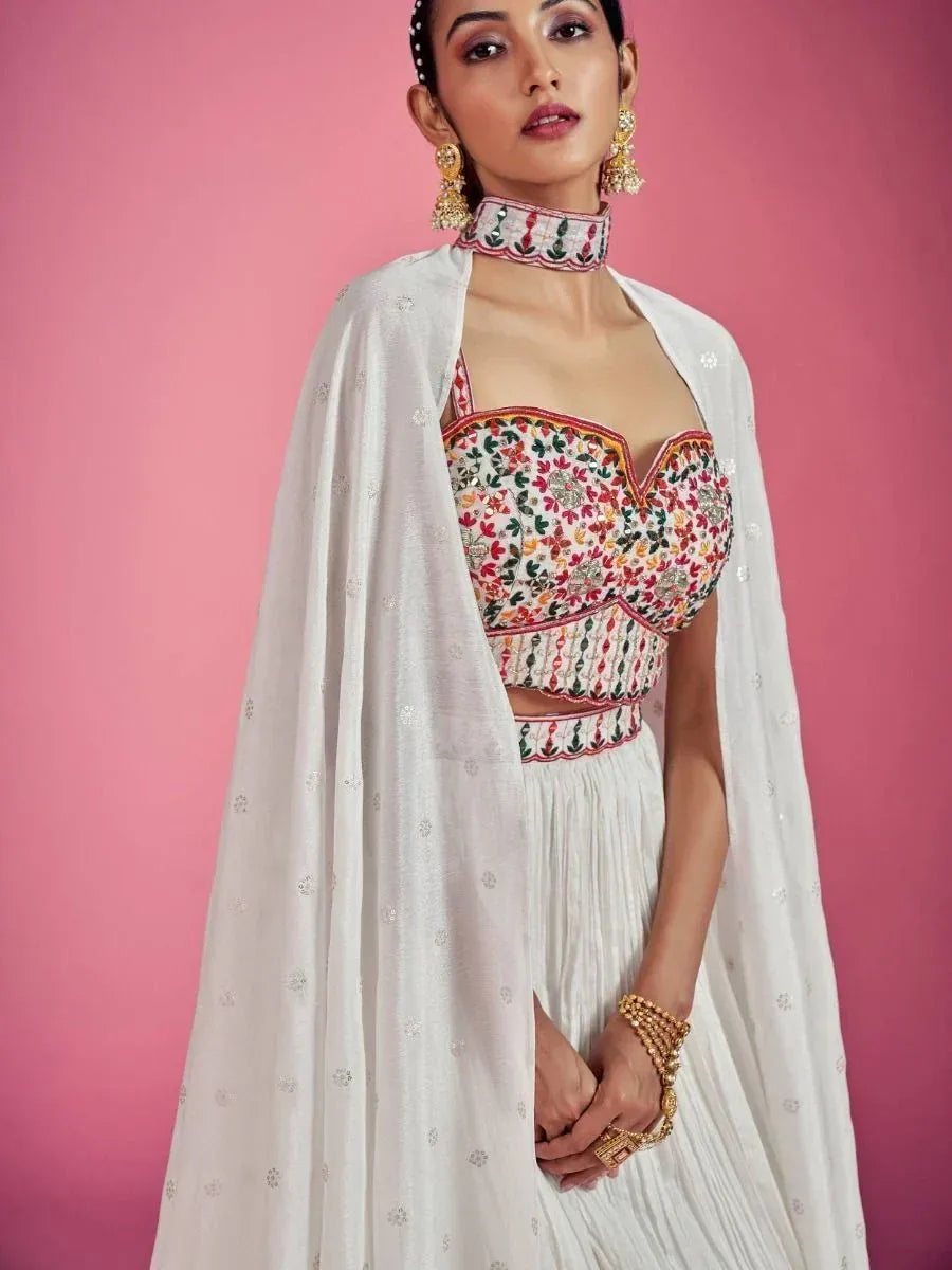 White embroidered lehenga choli with floral blouse and cape, Indian ethnic wear