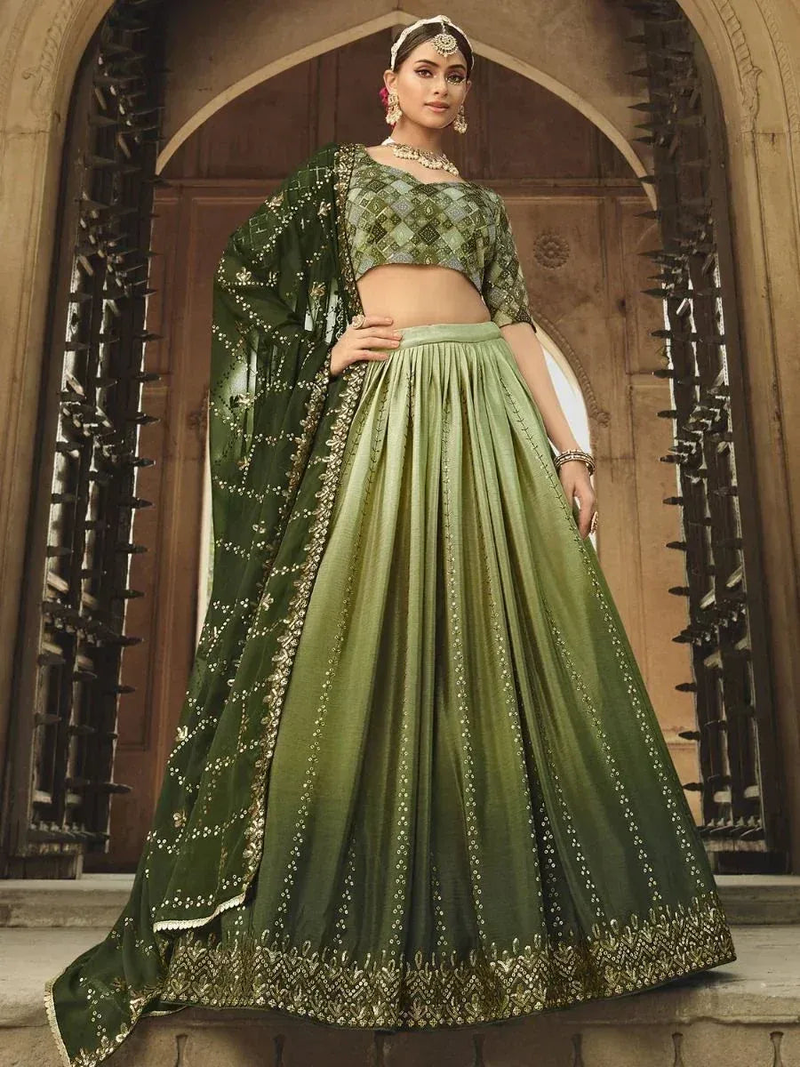 Green embroidered lehenga choli with dupatta, Indian ethnic wear for weddings and festivals