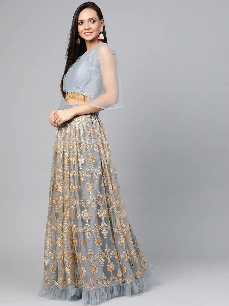Grey & Golden Semi-Stitched Embellished Myntra Lehenga & Unstitched Blouse with Dupatta