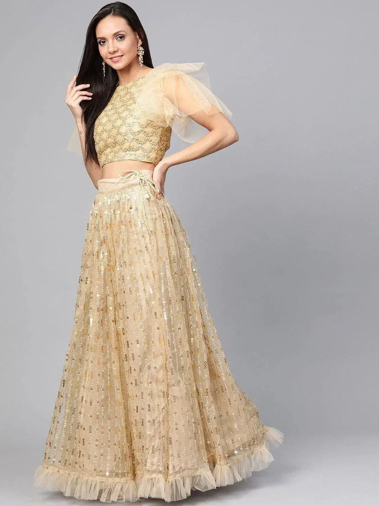 Beige Zari Embroidered Semi-Stitched Myntra Lehenga & Unstitched Blouse with Dupatta
