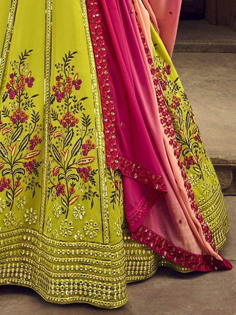 Superb Flourecent Green Thread Embroidered Georgette Wedding Wear Lehenga Choli