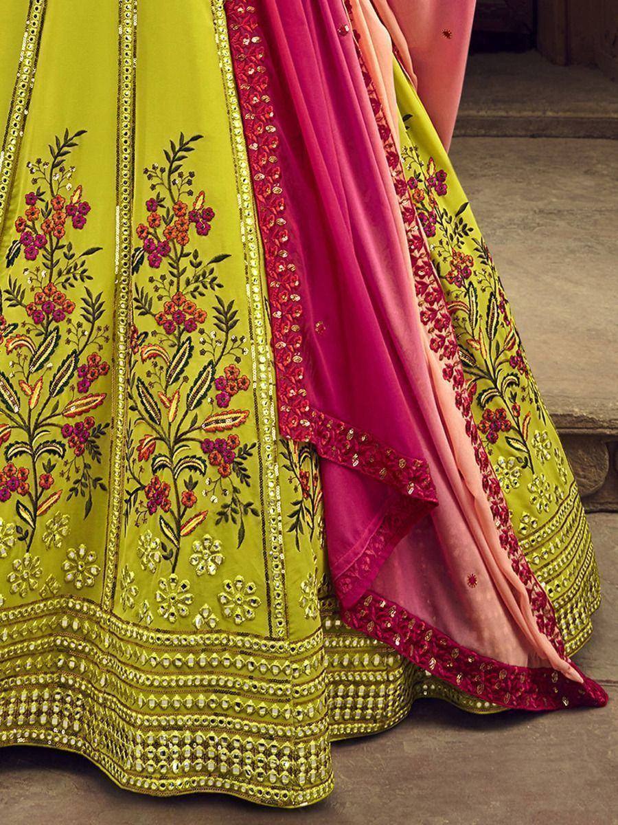Vibrant green lehenga with floral embroidery and pink dupatta, Indian ethnic wear