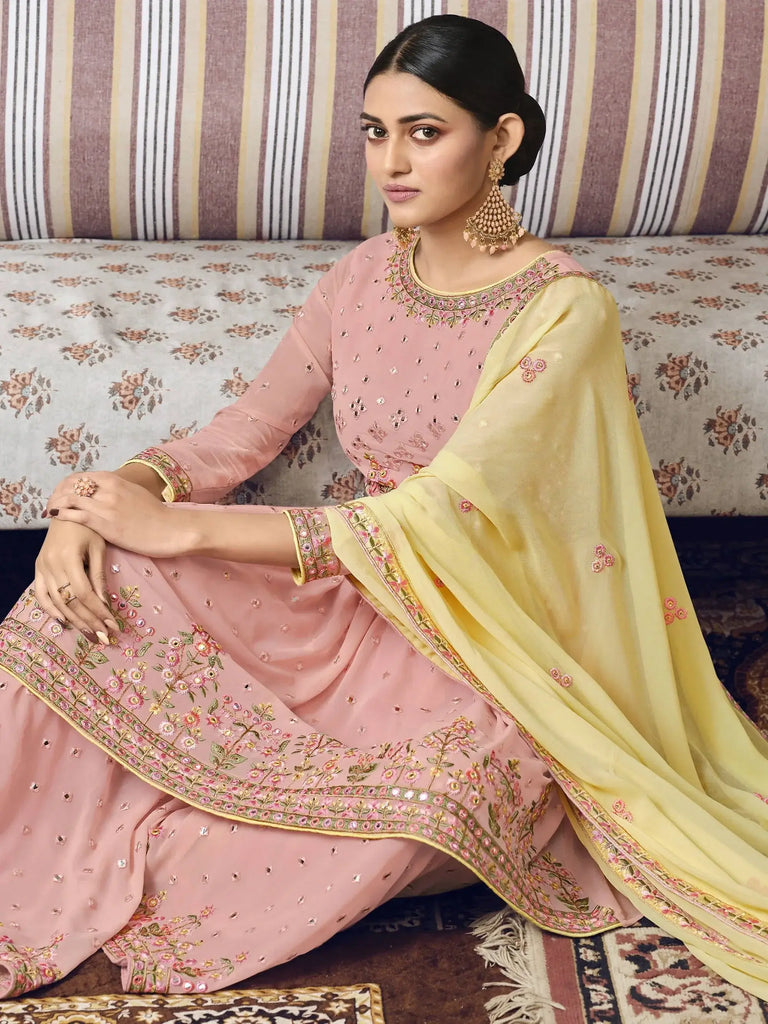 Unique Light Pink Foil Work Georgette Party Wear Sharara Suit