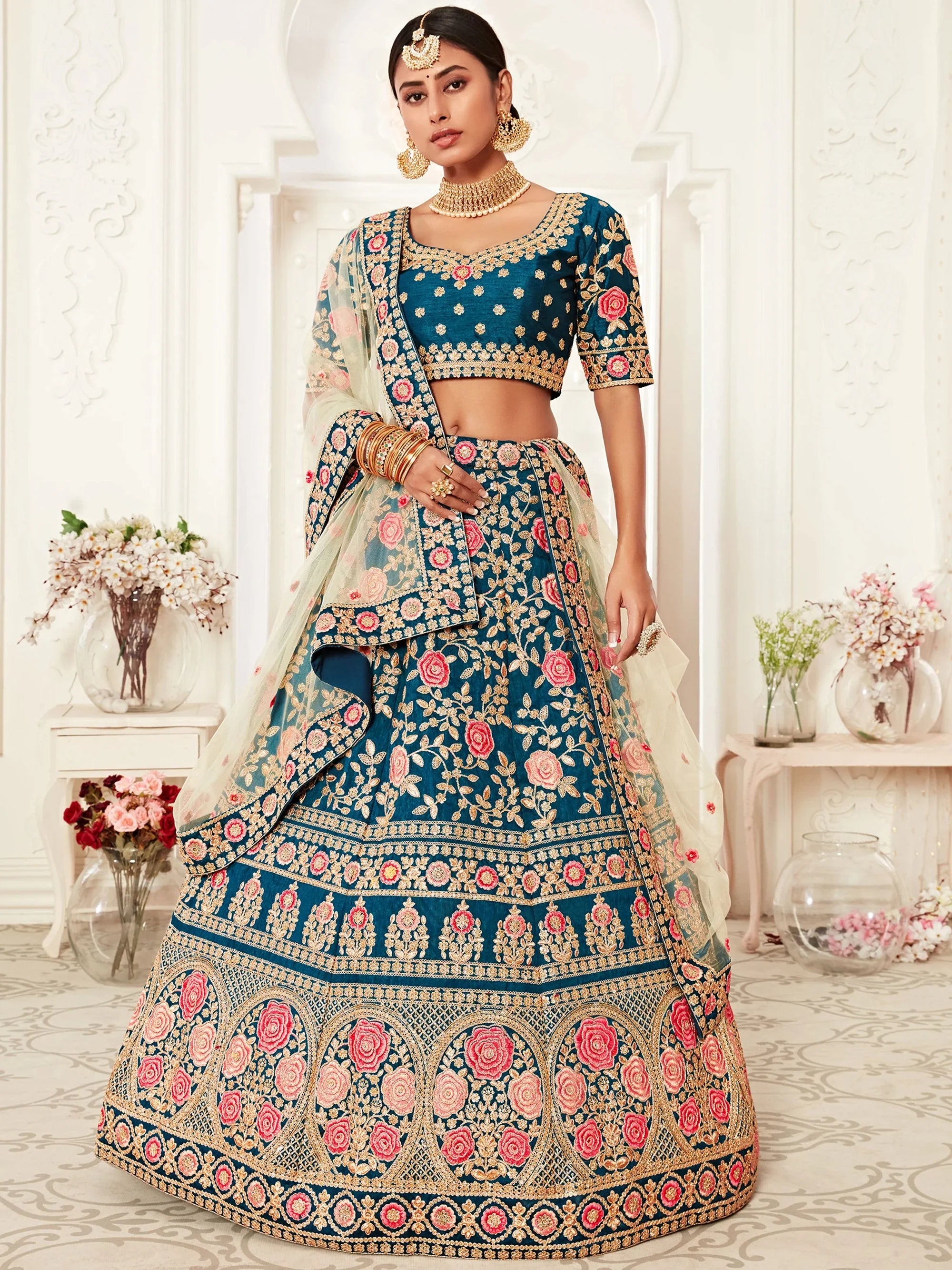 Lovely Blue Embroidered Velvet Wedding Wear Plus Size Lehenga Choli
