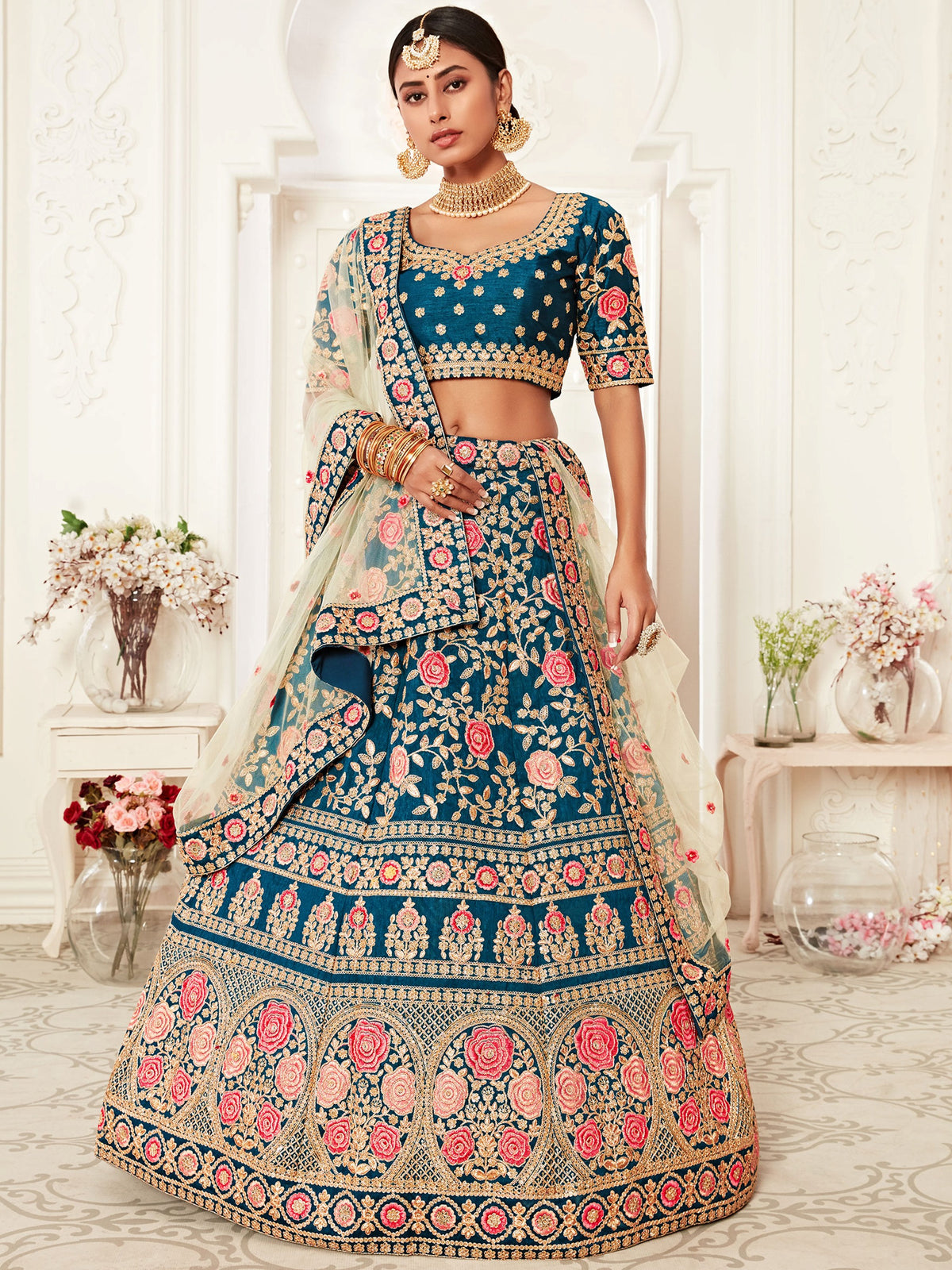 Lovely Blue Embroidered Velvet Wedding Wear Plus Size Lehenga Choli