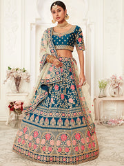 Lovely Blue Embroidered Velvet Wedding Wear Plus Size Lehenga Choli