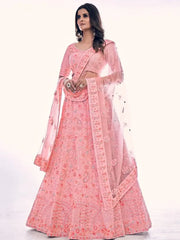 Fascinating Pink Embroidered Soft Net Lehenga Choli