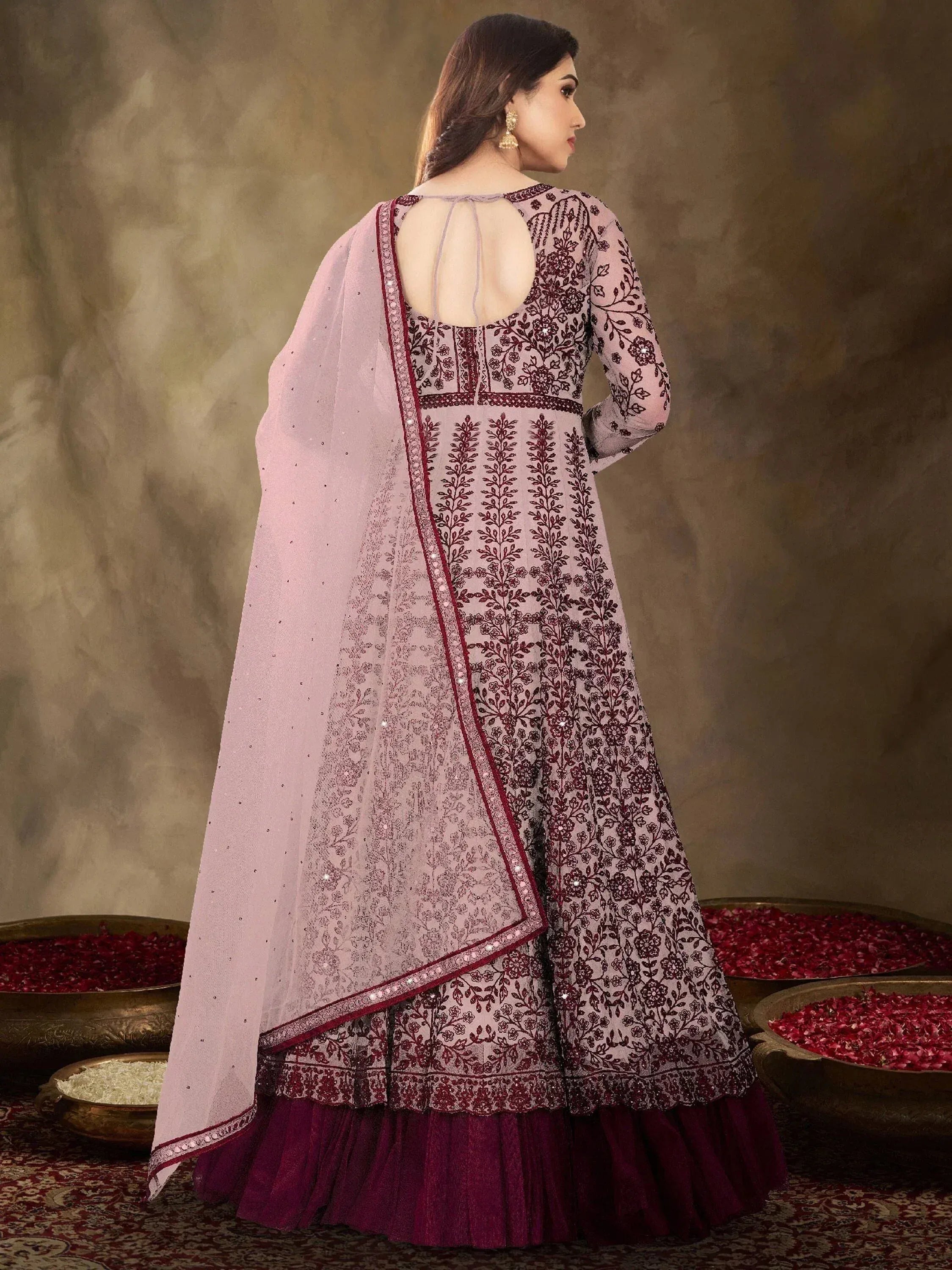 Elegant pink and maroon embroidered anarkali with sheer dupatta, perfect for Indian ethnic occasions.