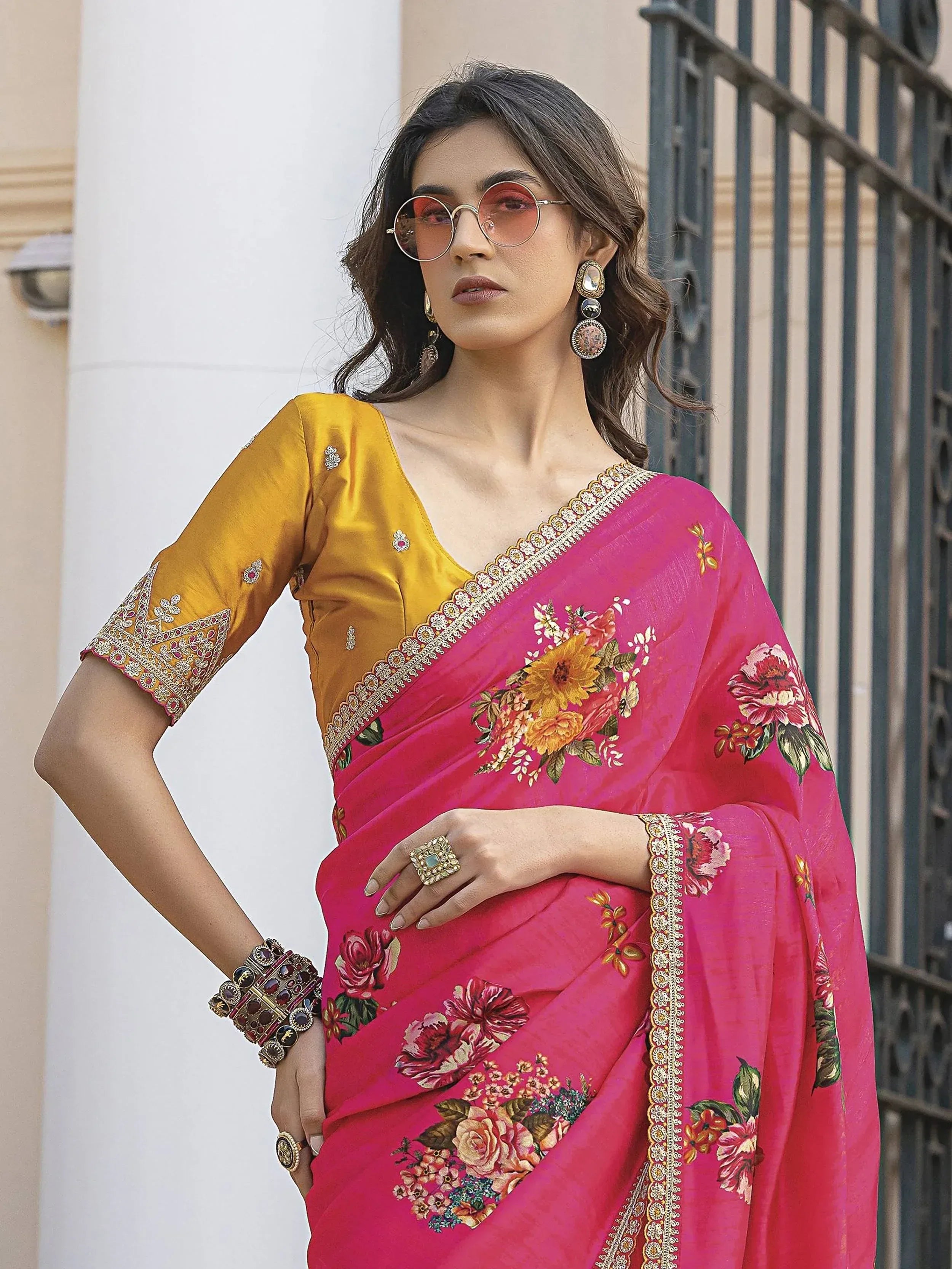 Pink floral saree with yellow blouse, ethnic Indian wear, designer saree with embroidery