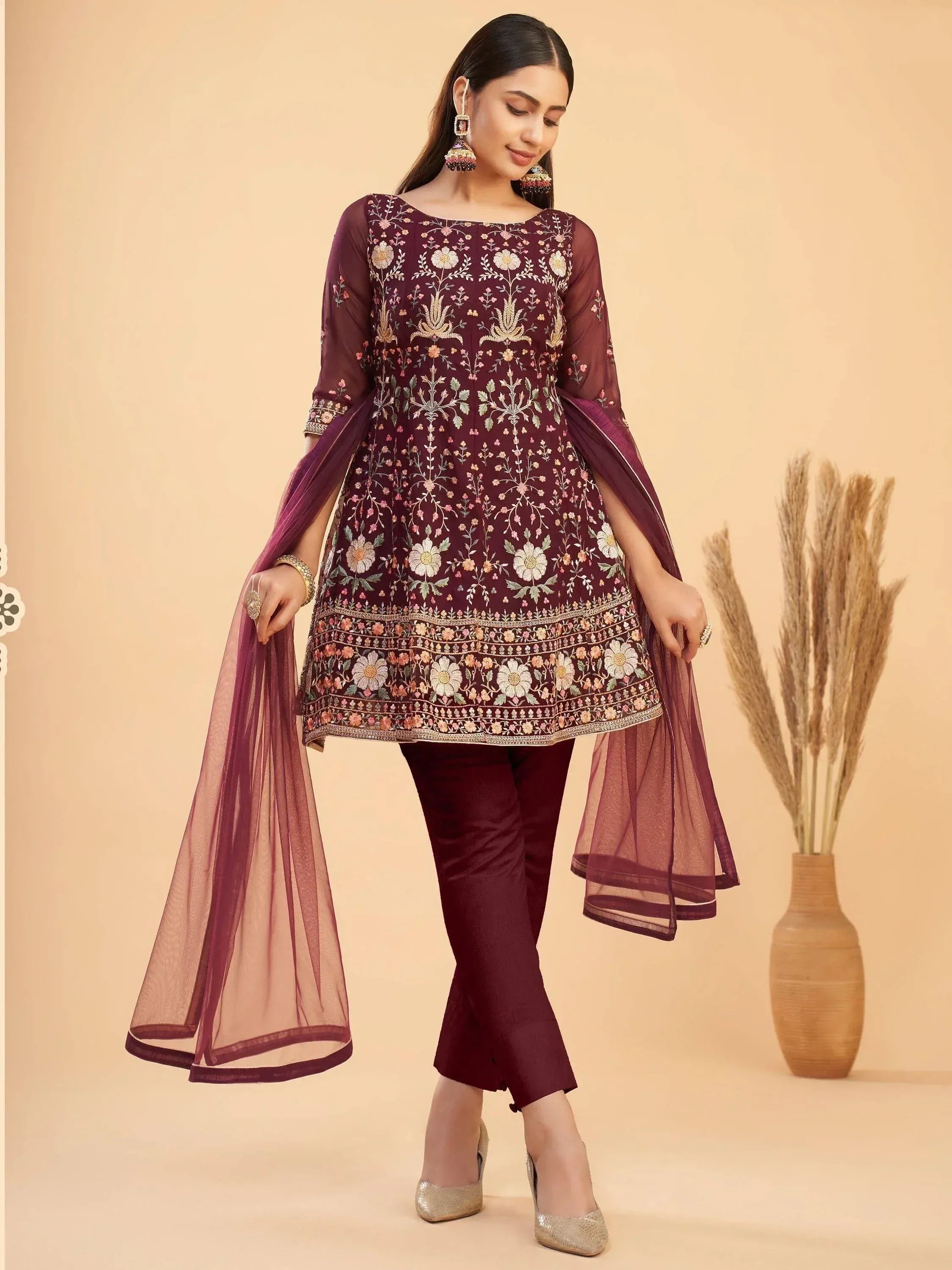 Maroon embroidered salwar kameez with floral work and sheer dupatta, Indian ethnic wear