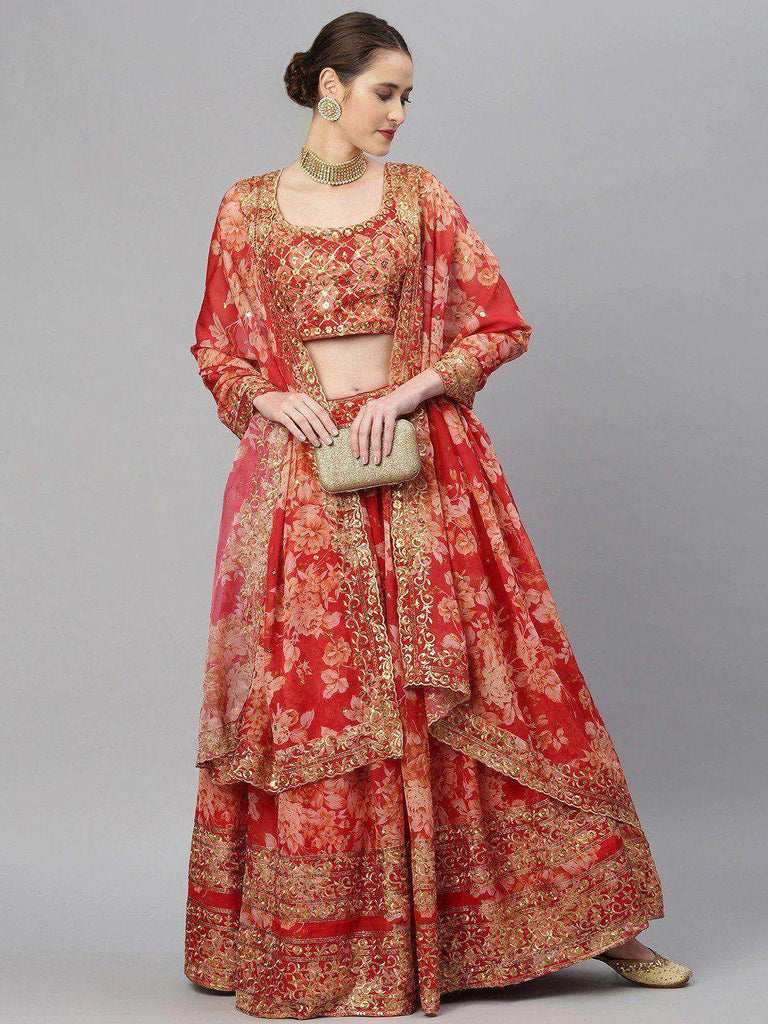 Red & Gold-Toned Embellished Sequinned Semi-Stitched Myntra Lehenga & Unstitched Blouse