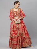Red & Gold-Toned Embellished Sequinned Semi-Stitched Myntra Lehenga & Unstitched Blouse