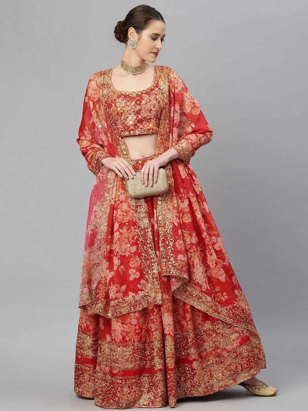 Red & Gold-Toned Embellished Sequinned Semi-Stitched Myntra Lehenga & Unstitched Blouse