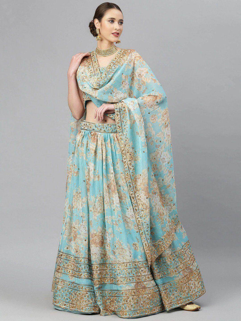 Blue & Peach-Coloured Embellished Sequinned Myntra Lehenga & Unstitched Blouse
