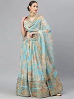 Blue & Peach-Coloured Embellished Sequinned Myntra Lehenga & Unstitched Blouse