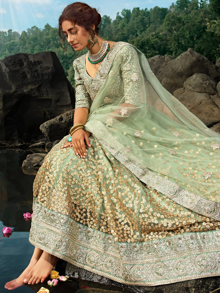 Adorable Green Sequins Net Function Wear Plus Size Lehenga Choli