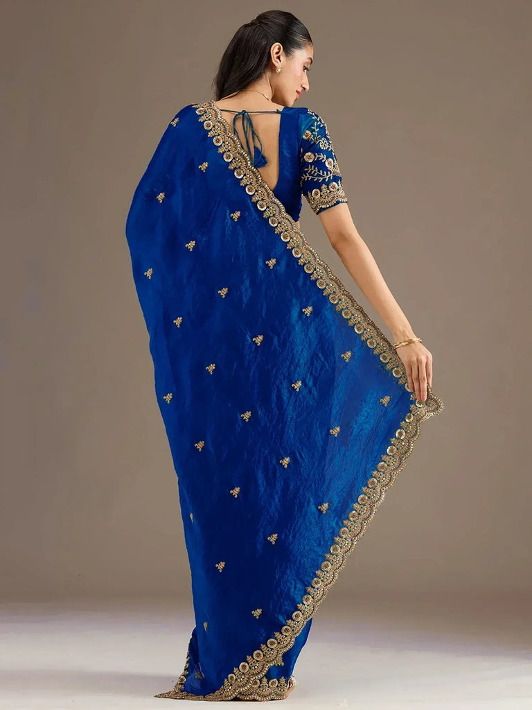 Dazzling Blue Embroidered Silk Festive Wear Saree With Blouse