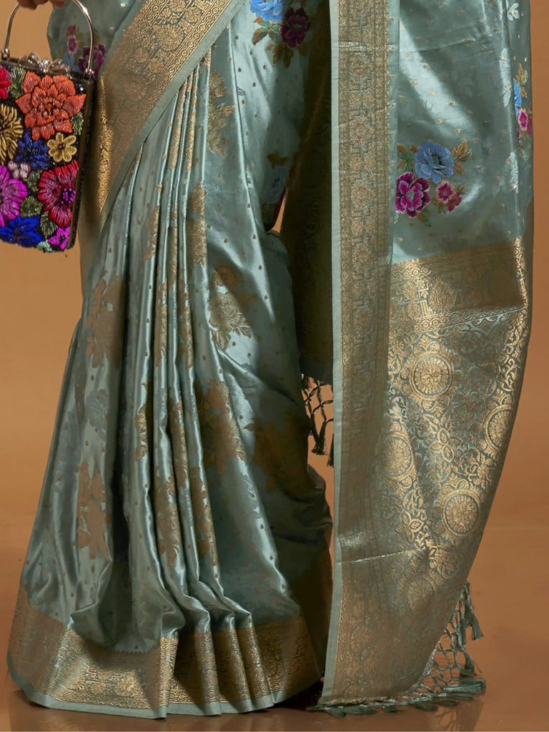 Pretty Teal Green Floral Weaving Satin Mehendi Wear Saree With Blouse