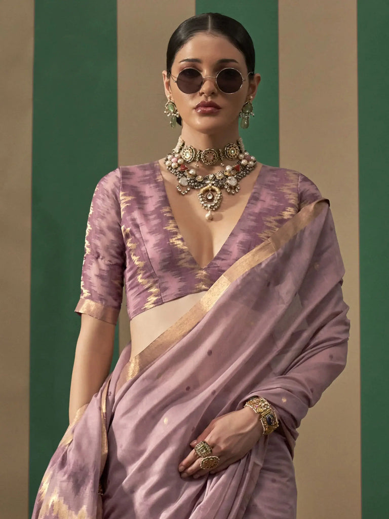 Lovely Mauve Handloom Weaving Silk Function Wear Saree With Blouse