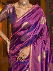 Gorgeous Purple Handwoven Silk Wedding Wear Saree With Blouse