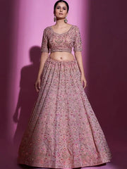Lovely Peach Thread Embroidered Georgette Lehenga Choli