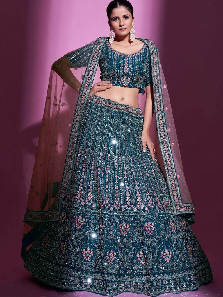 Surprising Rama Mirror Work Crepe Lehenga Choli