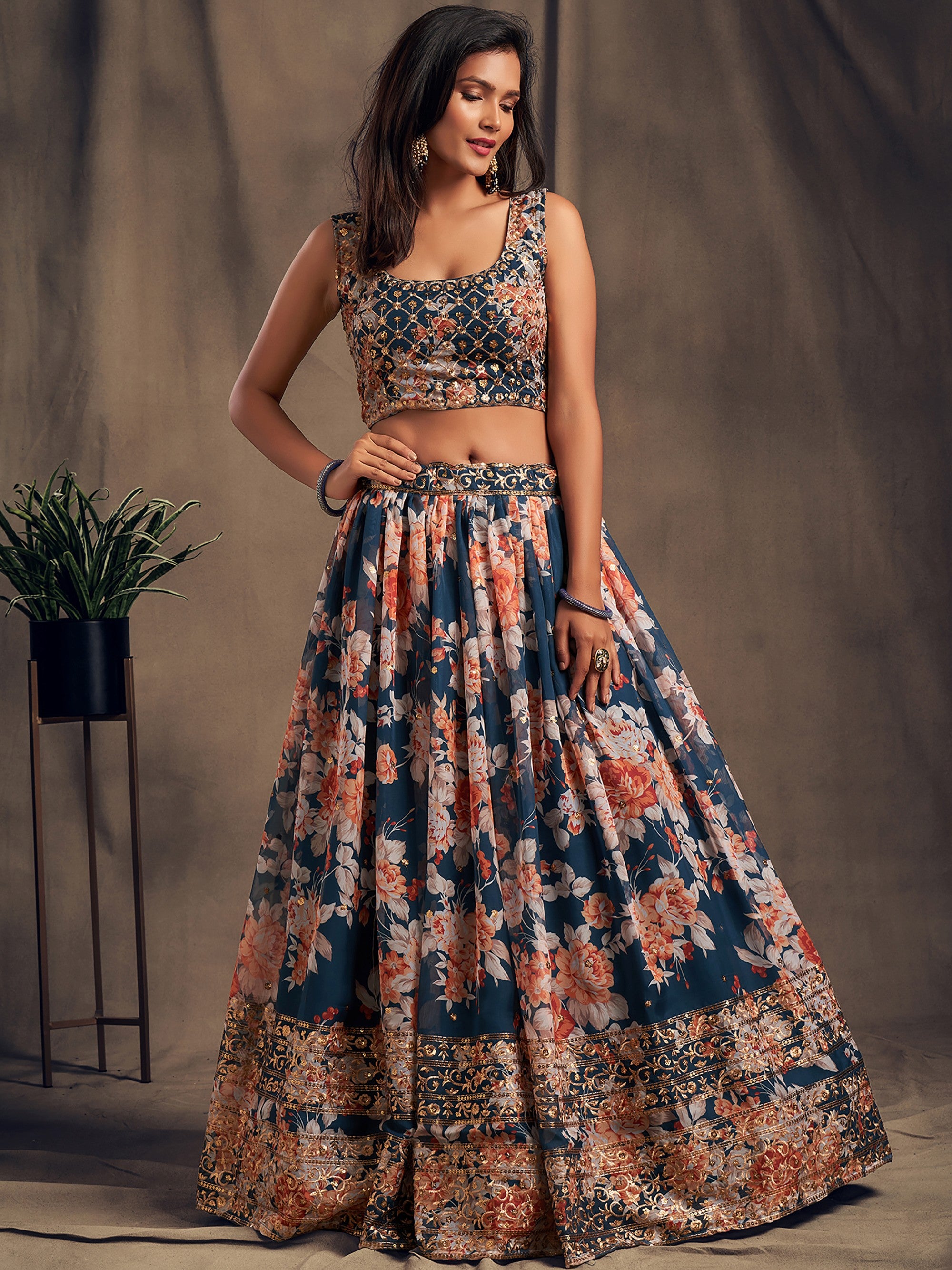 Incredible Blue Printed Organza Wedding Wear Plus Size Lehenga Choli
