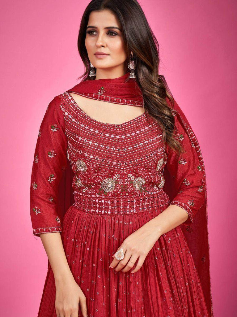 Marvelous Red Mirror Work Silk Gown With Dupatta