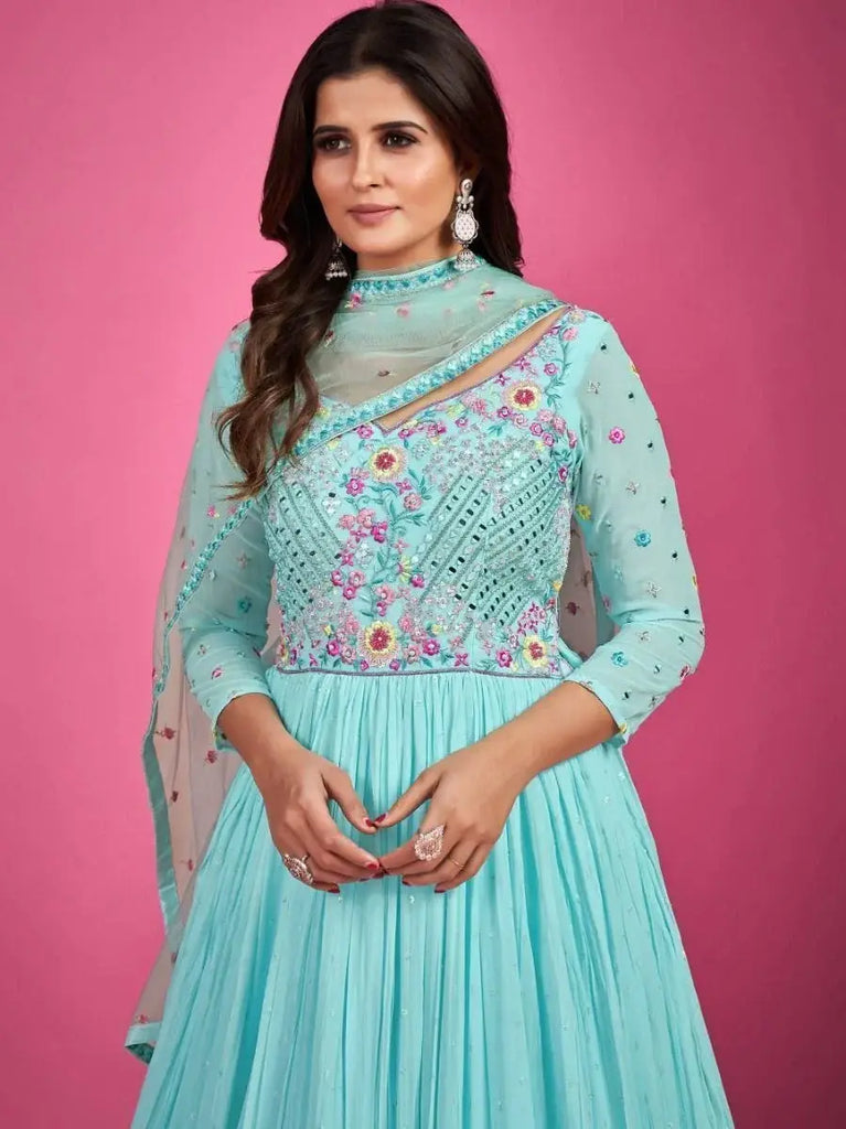 Exceptional Sky-Blue Mirror Work Silk Gown With Dupatta