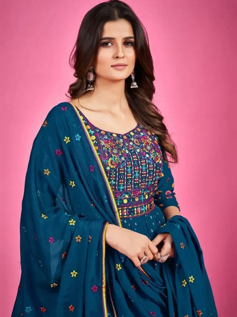 Amazing Navy-Blue Thread Work Silk Gown With Dupatta