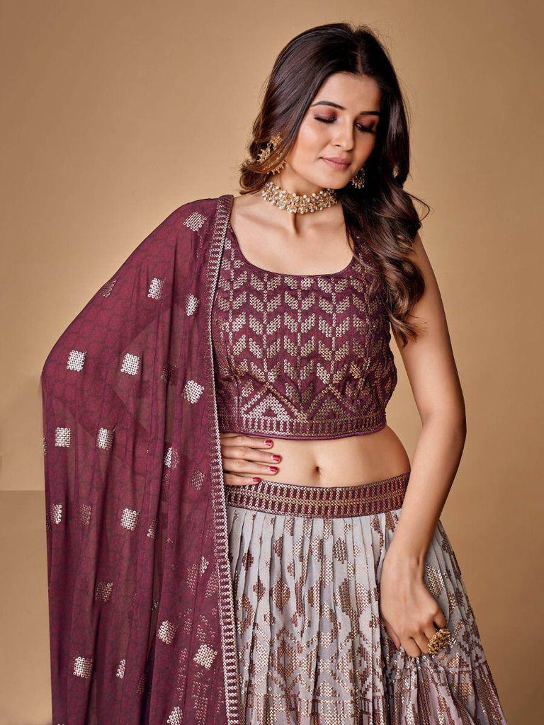 Exquisite Purple Sequined Georgette Marriage Wear Lehenga Choli
