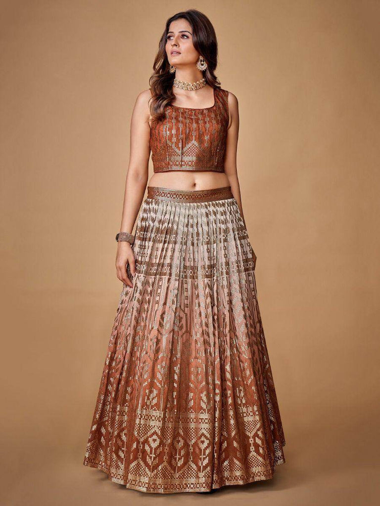 Impressive Brown Sequined Georgette Cocktail Party Lehenga Choli