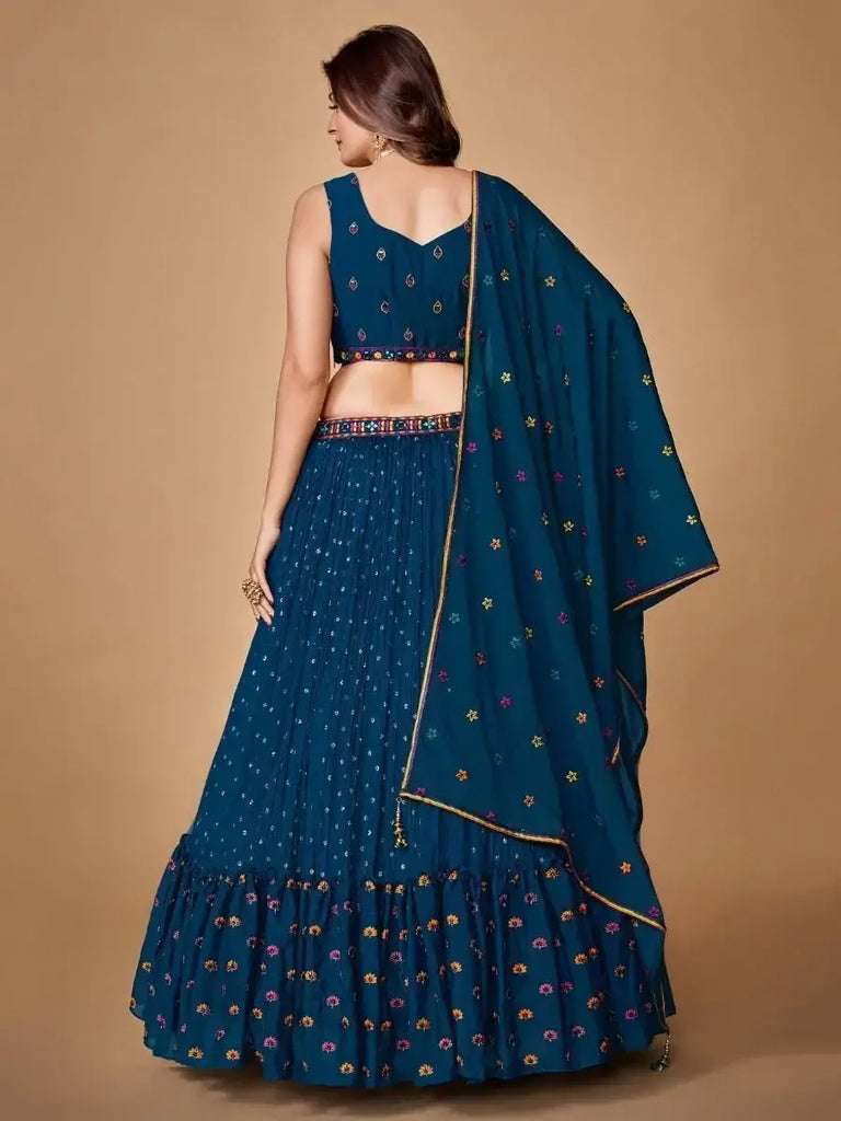 Exotic Navy Blue Floral Embroidered Silk Party Wear Lehenga Choli