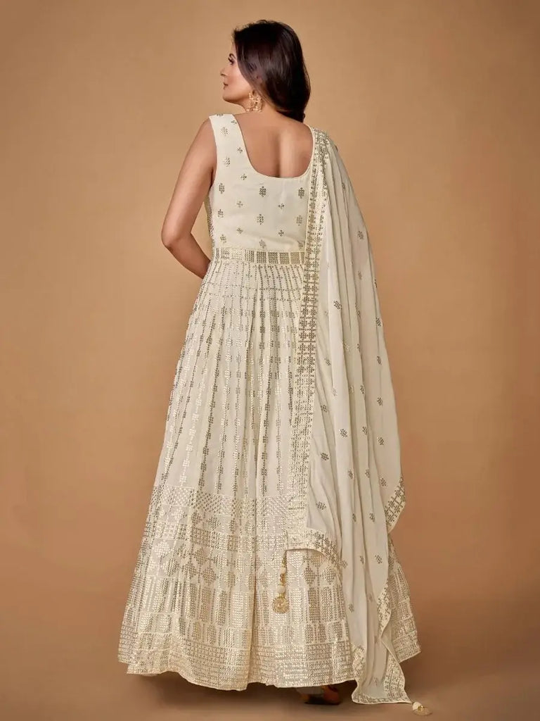 Divine Pearl White Sequins Georgette Festive Wear Gown with dupatta
