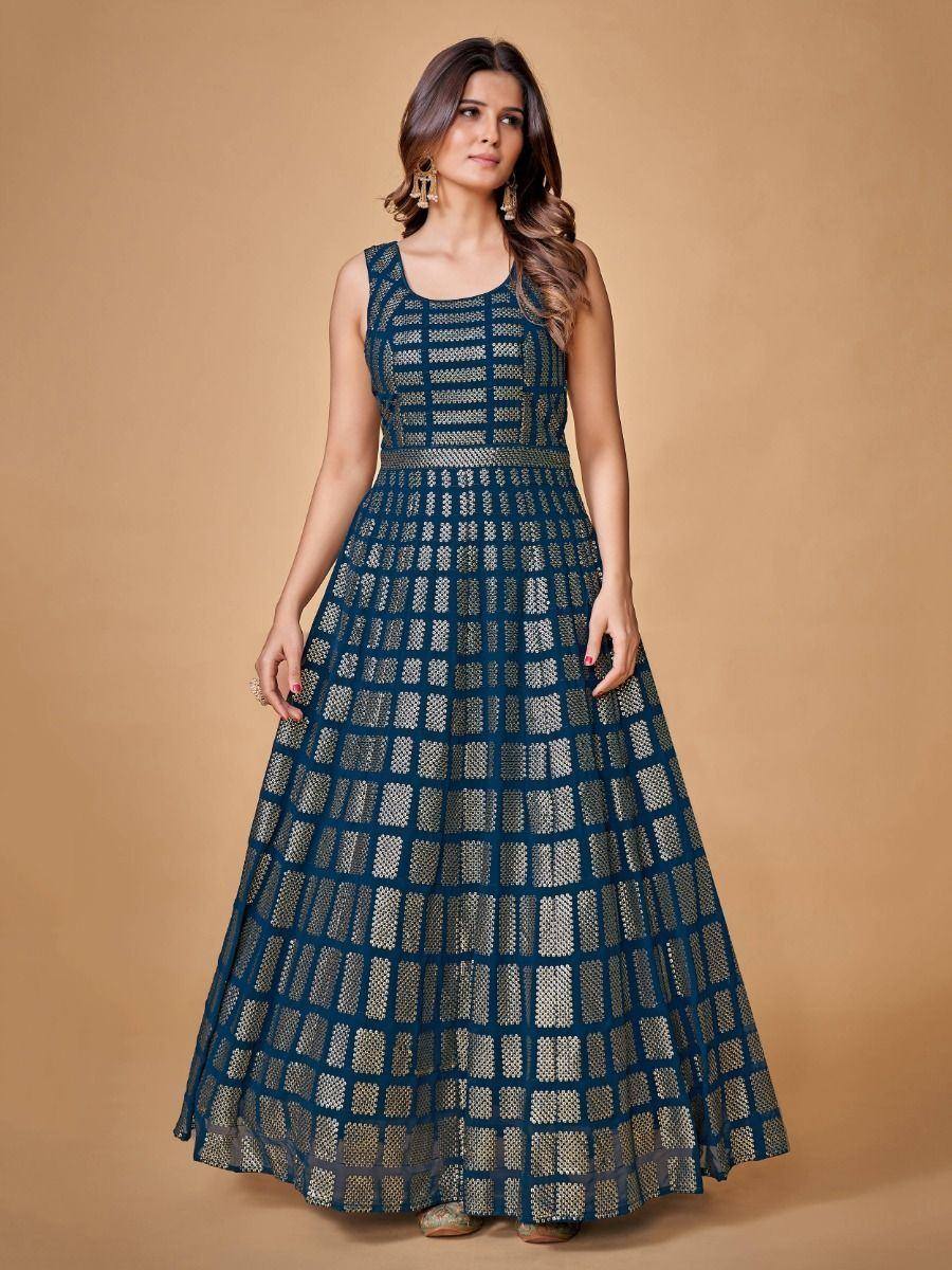Blue and gold embroidered ethnic gown with sleeveless design, perfect for Indian festive occasions