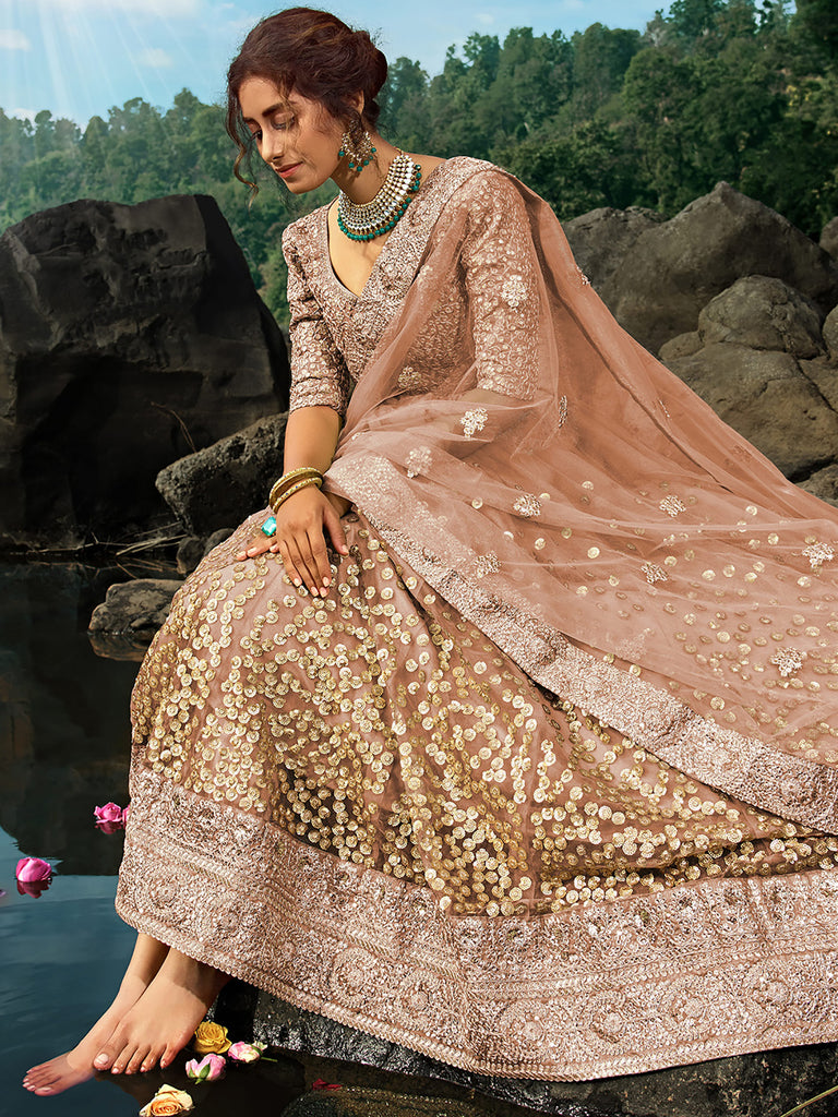 Fabulous Brown Sequins Net Wedding Wear Plus Size Lehenga Choli