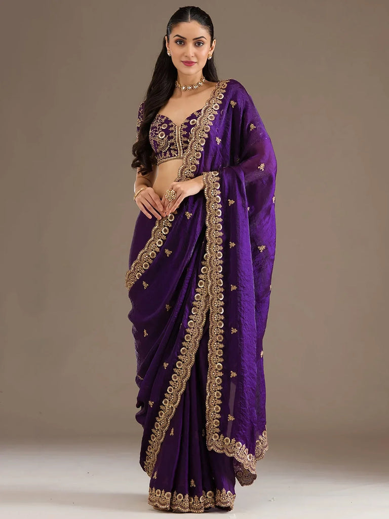 Beautiful Purple Zari Embroidered Silk Party Wear Saree With Blouse