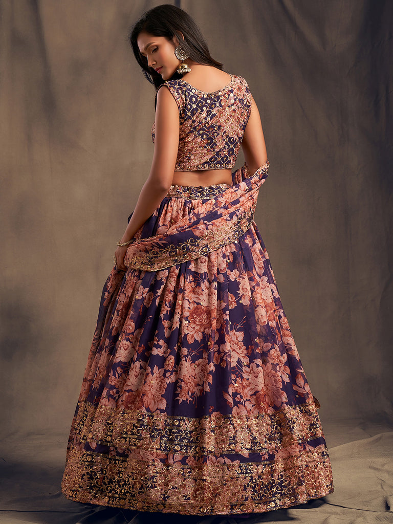 Precious Purple Printed Organza Wedding Wear Plus Size Lehenga Choli