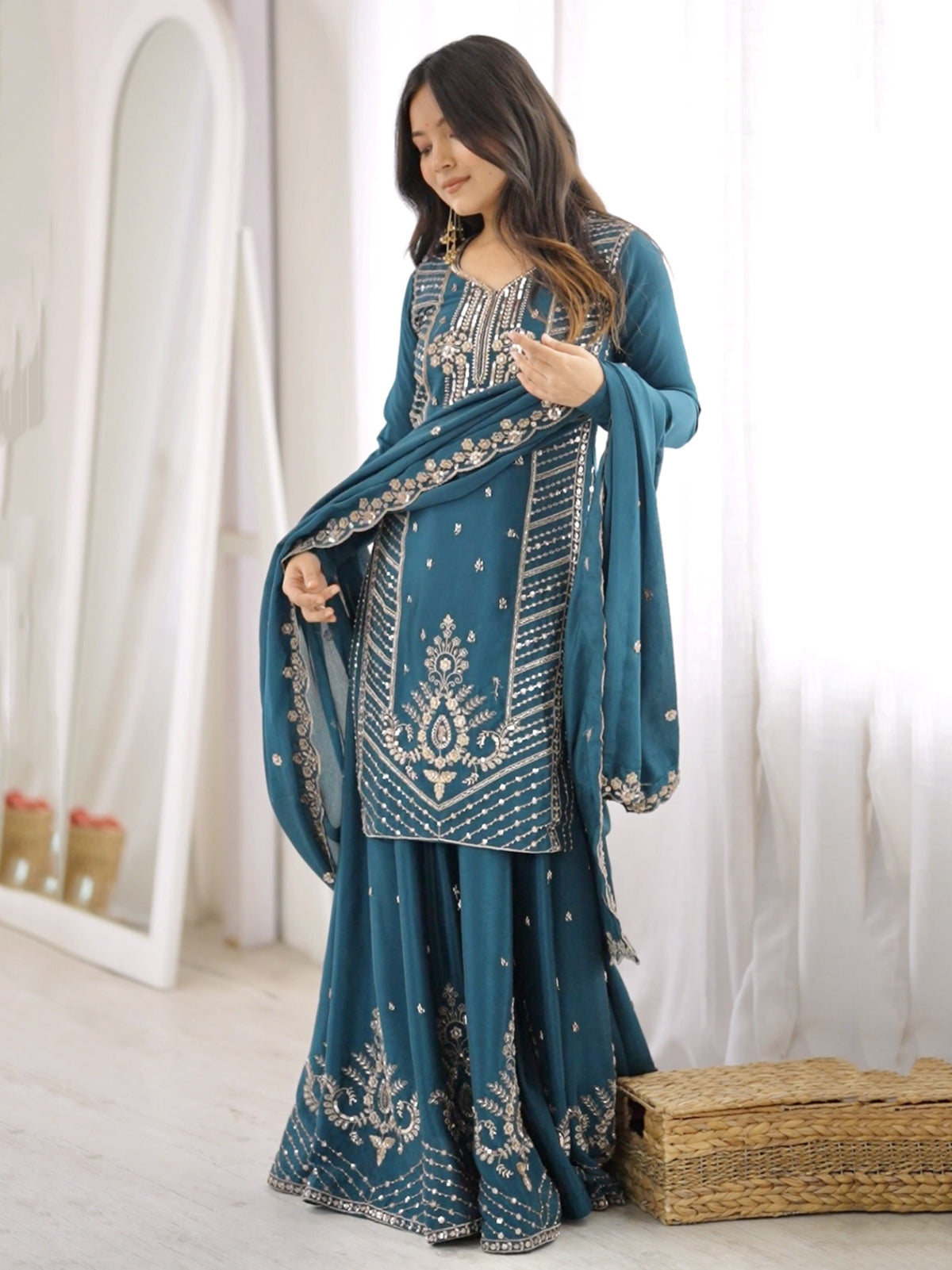 Charming Teal Blue Bead Work Chinon Wedding Wear Palazzo Suit