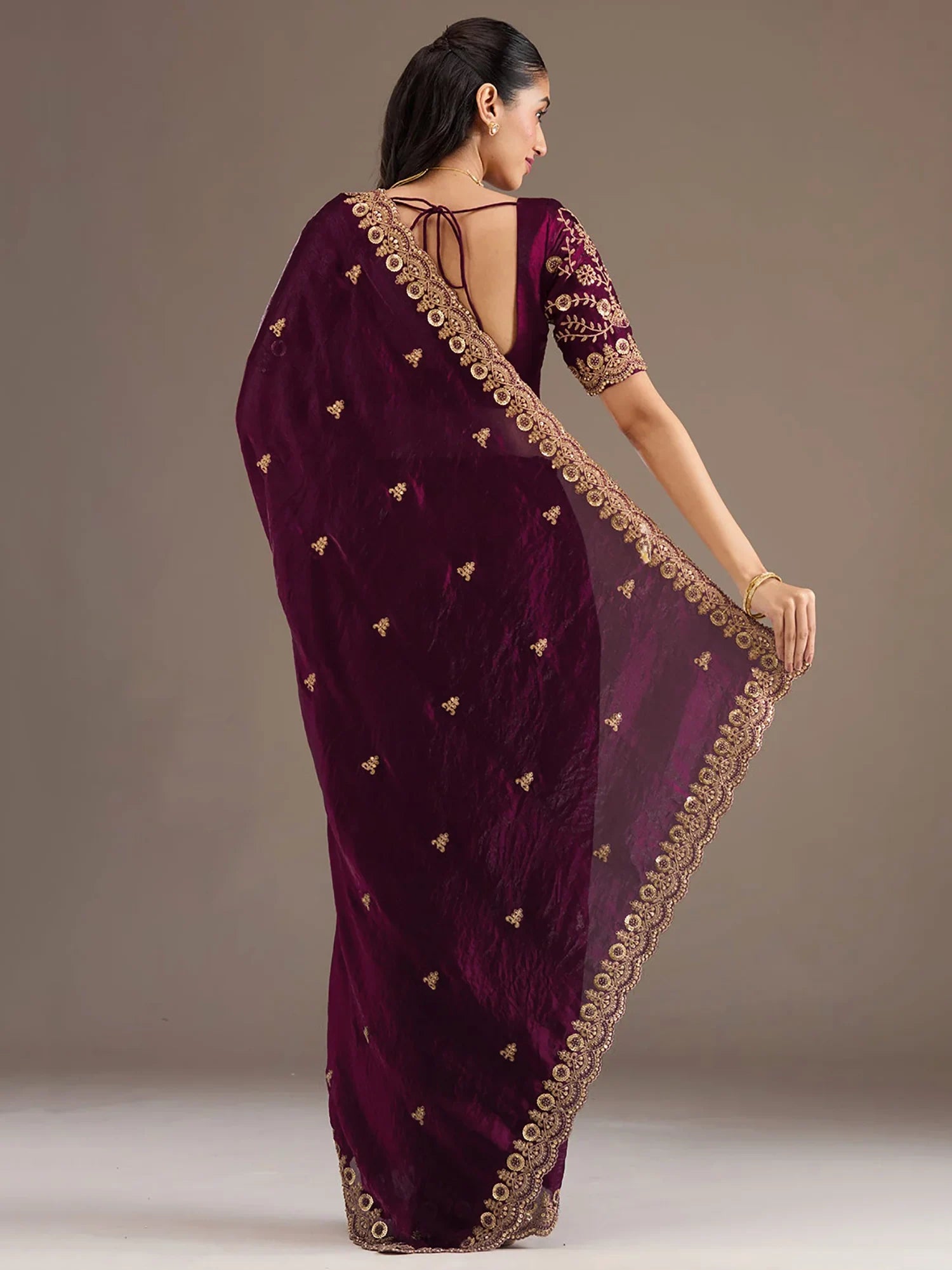 Stunning Wine Embroidered Silk Reception Wear Saree With Blouse